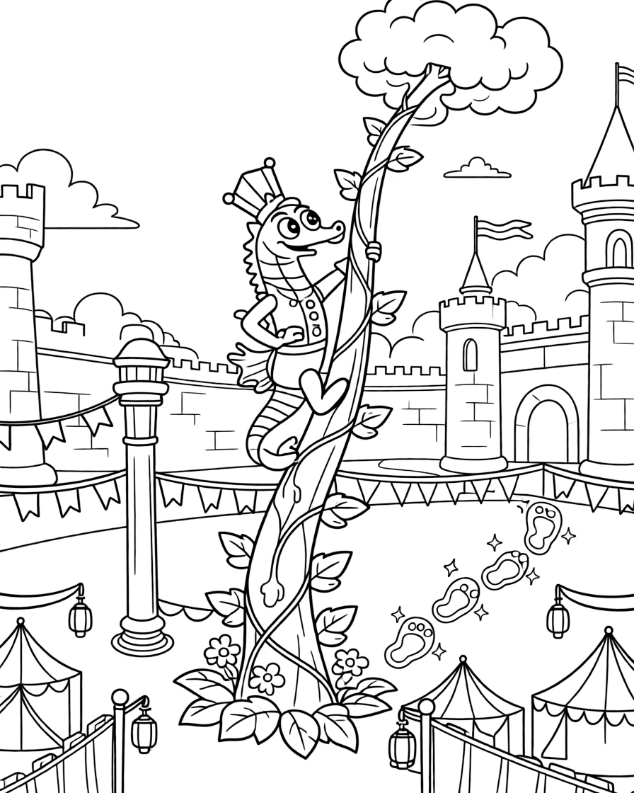 At a royal castle courtyard decorated for a festival, a goofy seahorse royal guard discovers the joy of climbing to the top of a beanstalk that reaches the clouds, while a trail of glowing footprints watches happily nearby. It's shaping up to be the happiest day in the whole kingdom.