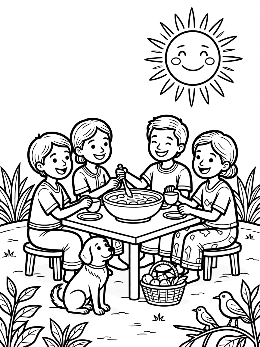 A coloring page capturing everyday life in Ghana: a family sharing a meal from one large communal bowl, with a loyal pet nearby and a warm sun shining overhead.
