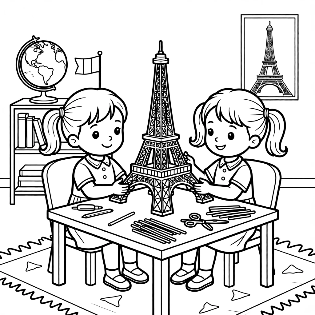 curious twin sisters build a miniature Eiffel Tower out of craft sticks for a geography project.