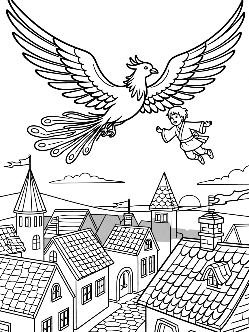 A phoenix and a young apprentice fly together over a kingdom at dawn, casting long golden shadows across the rooftops.