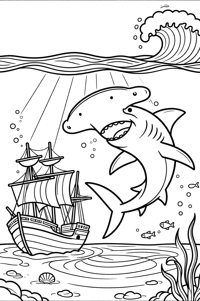 [Sharks] a hammerhead shark circling a sunken ship beneath crashing ocean waves, grinning with excitement, while sunlight ripples across the sandy seafloor fills the surrounding area. Its fin cuts smoothly through the water. Set in the late afternoon, under clear blue skies, the page bursts with adventure and imagination.