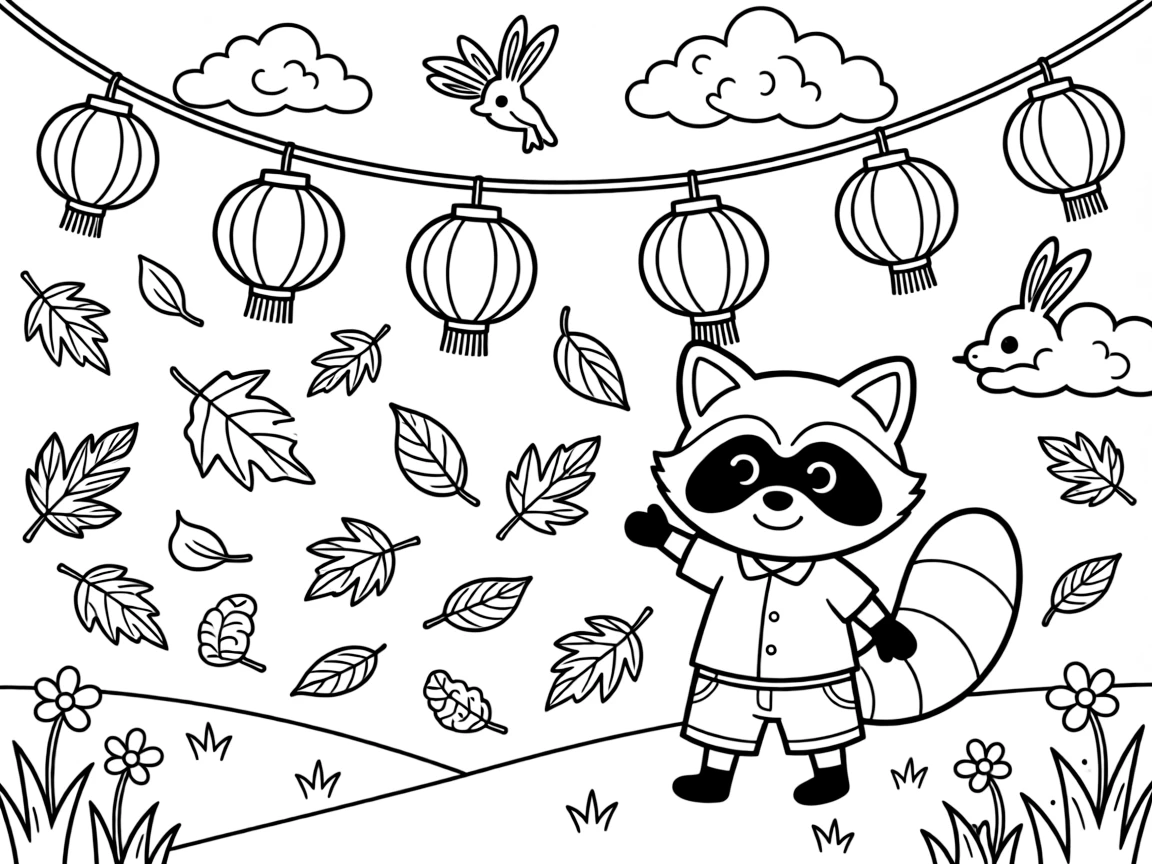 A masked little raccoon is hanging paper lanterns for an evening celebration in a starlit meadow. Close by, swirling autumn leaves in every color and fluffy clouds shaped like little animals bring the scene to life.