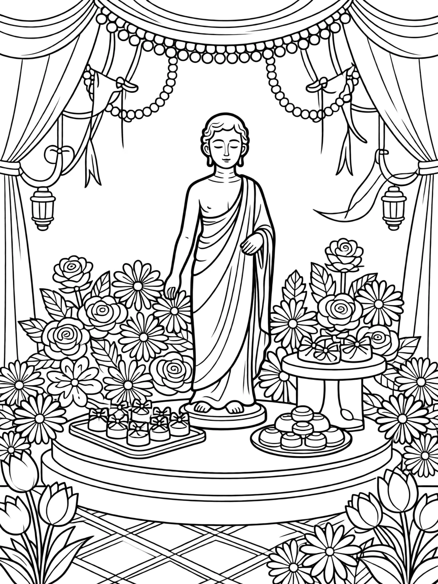 A peaceful golden statue surrounded by flowers on a decorated stage set up for a community celebration, with a tray of sweets wrapped in colorful paper and a plate of traditional festive treats nearby.