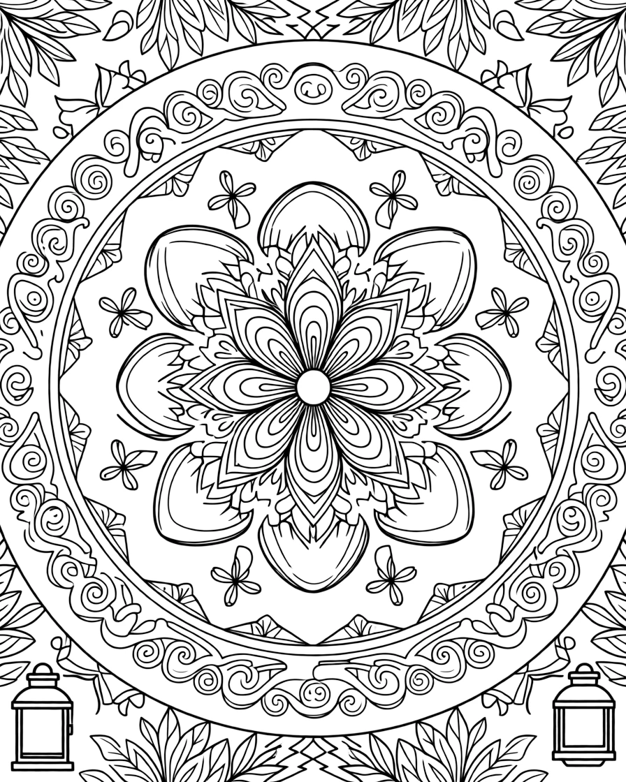 Dinosaurs & Prehistoric: The design turns a long-necked brontosaurus reaching for leaves into a kaleidoscope-style composition anchored by a blooming flower-shaped mandala with layered petal rings. The imagery is broken into repeating fragments that spin outward from the center in a kaleidoscope-style circle of matching wedges. Decorative details fill the surrounding space, including rows of curling wave shapes, pinwheel blades spinning in place, and rows of gentle leaf veins branching outward woven throughout the background. A playful extra touch completes the page: a little lantern glowing softly in one corner of the pattern.