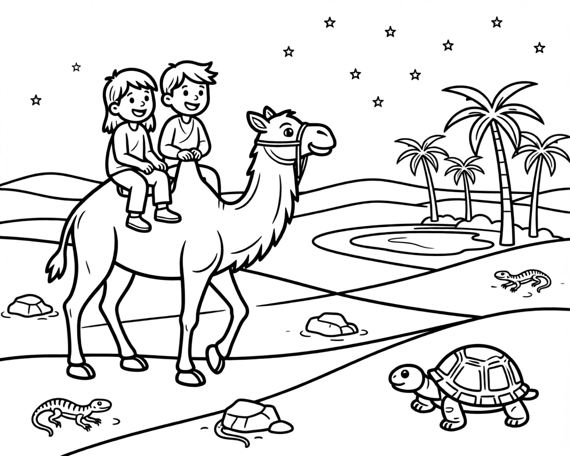 [Desert Dunes] A friendly camel carries two children across a sea of rolling sand dunes at sunset. Lizards bask on sun-warmed rocks while a tortoise slowly makes its way across the sand. A hidden oasis with a small pool and palm trees breaks up the golden, sandy landscape. Stars begin to appear over the desert as the sand cools in the evening air.