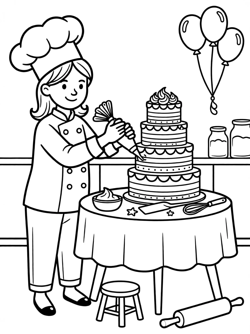 A pastry chef pipes swirls of frosting onto a tall birthday cake.