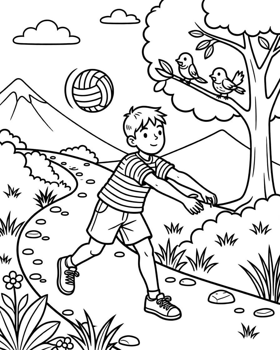 A boy in a striped shirt playing volleyball alone on a mountain trail, deeply focused, as birds chirp in a nearby tree.