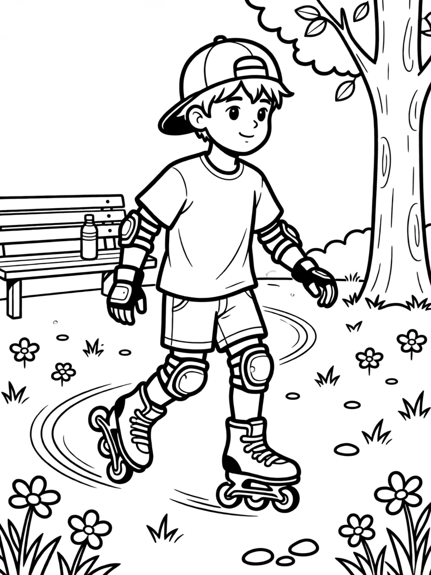 A confident boy wearing a bright cap, building confidence by skating backward in slow, careful circles.