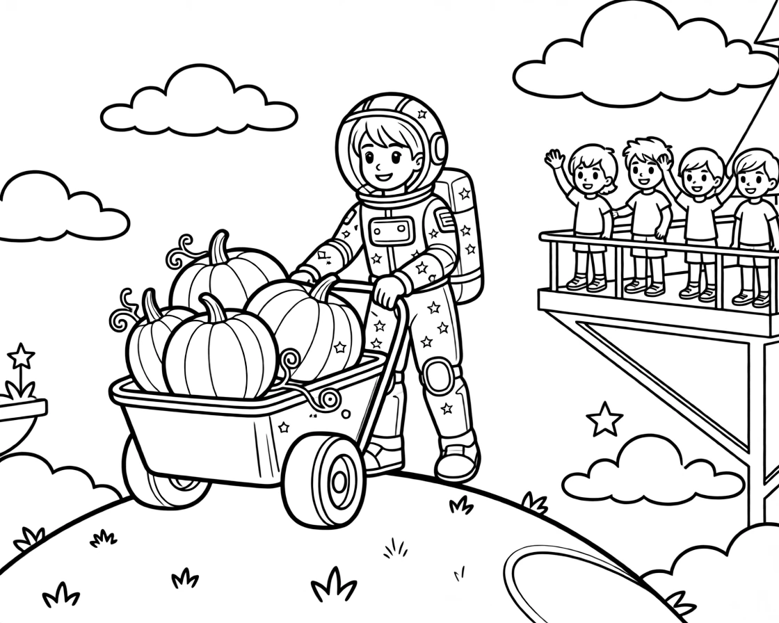 In a cloud city built on giant floating platforms above the clouds, Cadet Sable, a young space explorer in a starry spacesuit steering a runaway wagon of space pumpkins down a hill, while a group of kids waving from a nearby observation deck adds to the excitement.