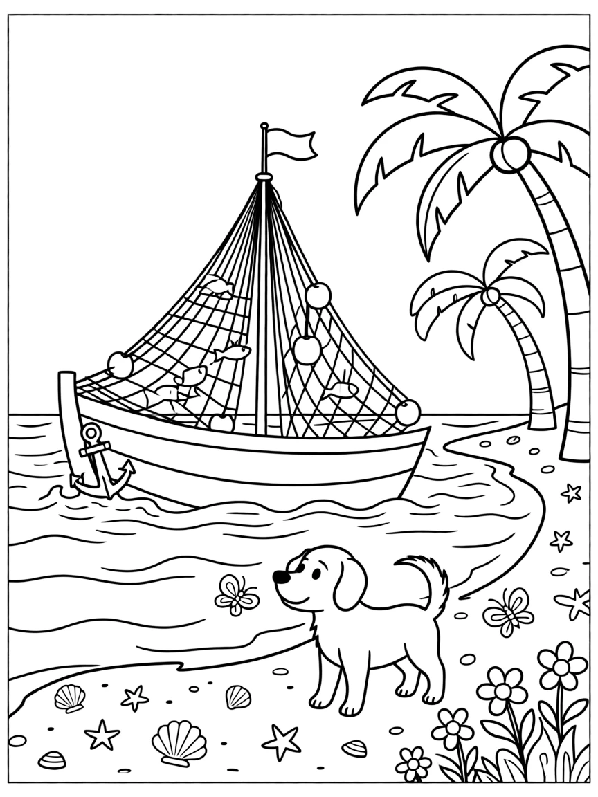 A bobbing fishing boat with nets and colorful buoys takes center stage in a hidden pirate cove with a sandy beach and palm trees, where a friendly dog with its ears flapping in the wind can be seen nearby, surrounded by butterflies fluttering near a patch of wildflowers.