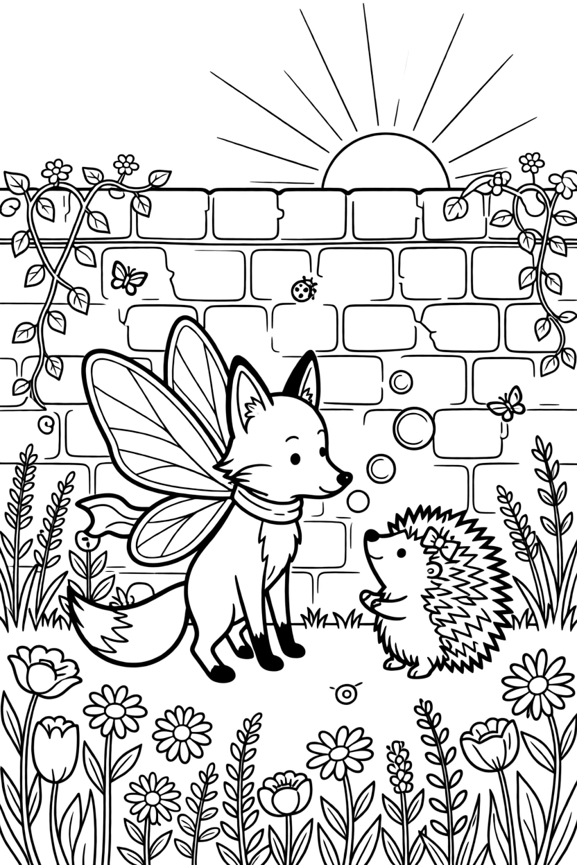 A fairy-winged fox in a secret garden behind a stone wall, blowing bubbles with a porcupine, next to a field of wildflowers, as the sun sets in soft colors.