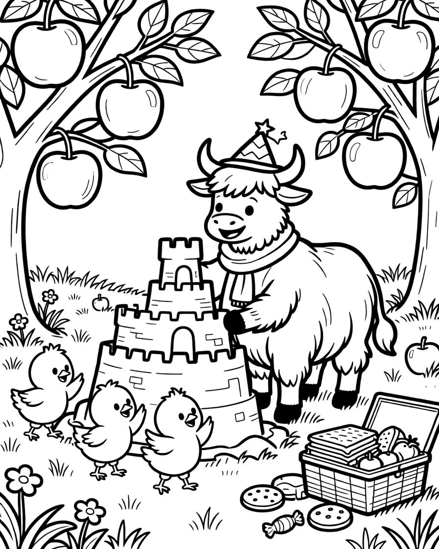 In an orchard heavy with giant candy apples, a starry-eyed yak mountain guide is busy building an enormous sandcastle fortress, cheered on by a trio of giggling baby chicks and a picnic basket overflowing with treats. It's a perfectly wonderful, magical moment.