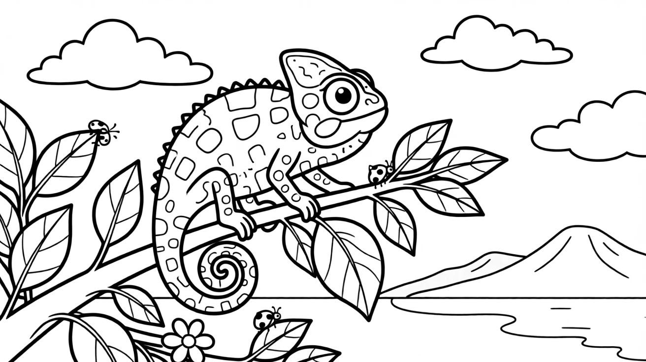 A coloring page of a colorful chameleon climbing along a leafy branch in Ghana, set against a scenic backdrop with soft clouds and a distant mountain or shoreline.