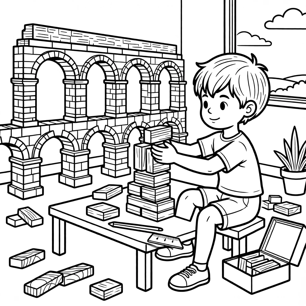 a determined little boy stacks wooden blocks to rebuild a model of an ancient Roman aqueduct.