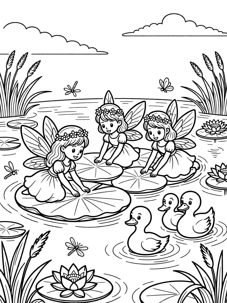 A group of forest fairies build a raft from lily pads to ferry a family of ducklings across a pond.