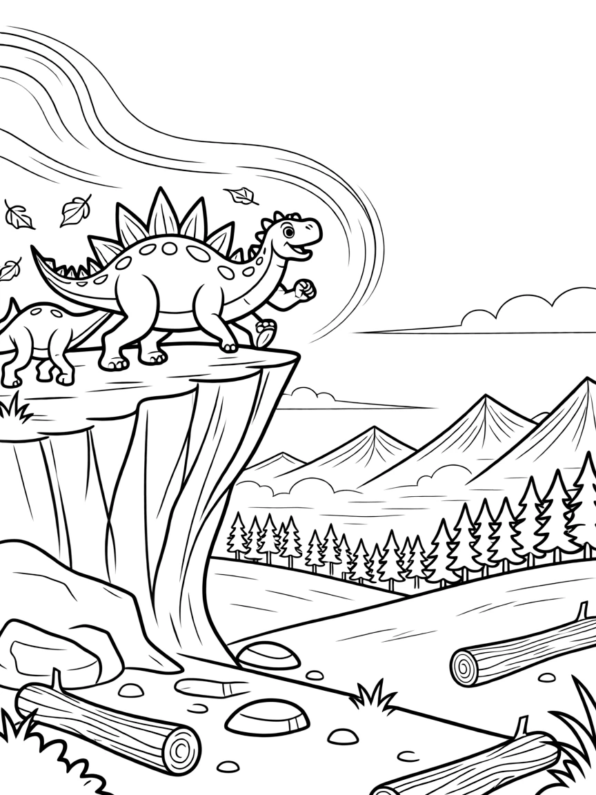 [Dinosaurs] a spiky stegosaurus racing another dinosaur across an open plain on a rocky cliff overlooking a valley, cheering with both fists raised, while distant mountains rise beyond the treetops fills the surrounding area. Scattered rocks and fallen logs add texture to the ground. Set on a foggy morning, with autumn leaves swirling in the wind, the page bursts with adventure and imagination.