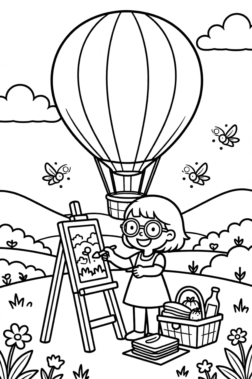 A girl with round glasses and a wide grin is painting a picture on a wooden easel aboard a hot air balloon drifting over rolling hills. twinkling fireflies rising into the air and a picnic basket overflowing with treats add a playful, cheerful touch.