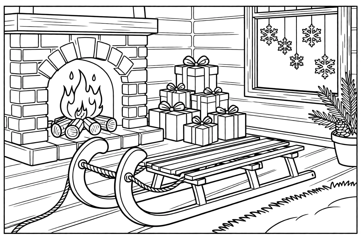 A sled ready for a snowy outdoor adventure in a cozy cabin with a crackling fireplace, with a stack of wrapped gifts and paper snowflakes hanging in a window nearby.