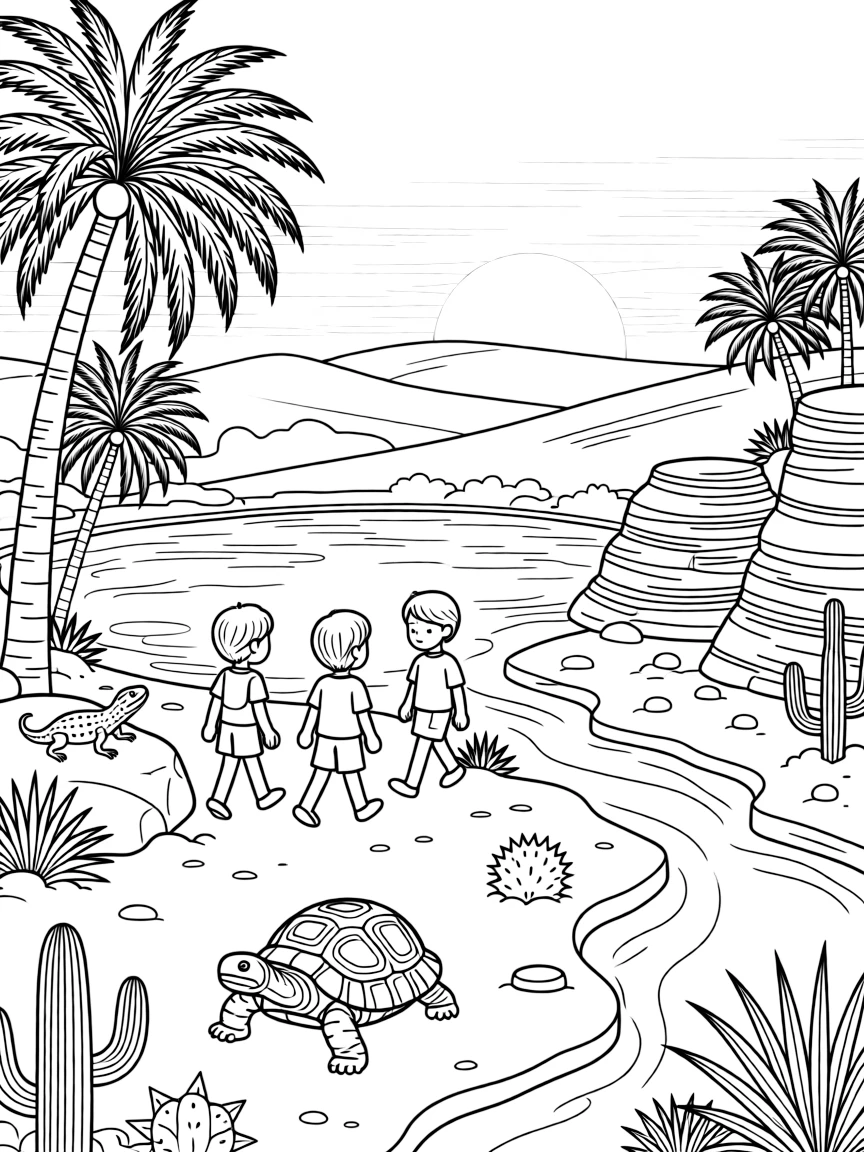 [Desert Dunes] A group of children explore a hidden desert oasis surrounded by palm trees. Lizards bask on sun-warmed rocks while a tortoise slowly makes its way across the sand. Layered red rock formations rise beside a dry riverbed dotted with hardy desert plants. The sky glows orange and pink as the sun sets behind the rolling dunes.