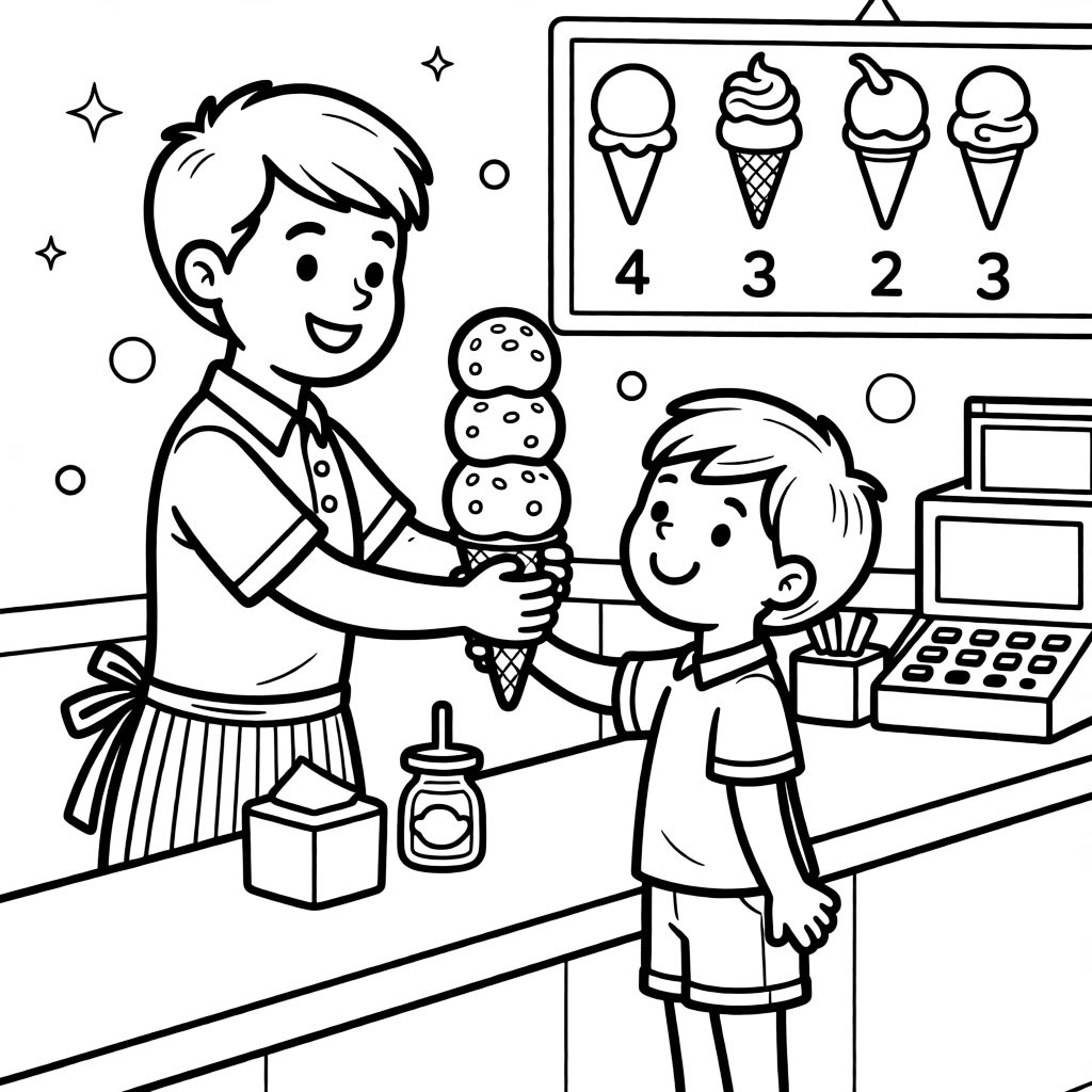 An ice cream scooper hands a triple-scoop cone to a happy child at a parlor.