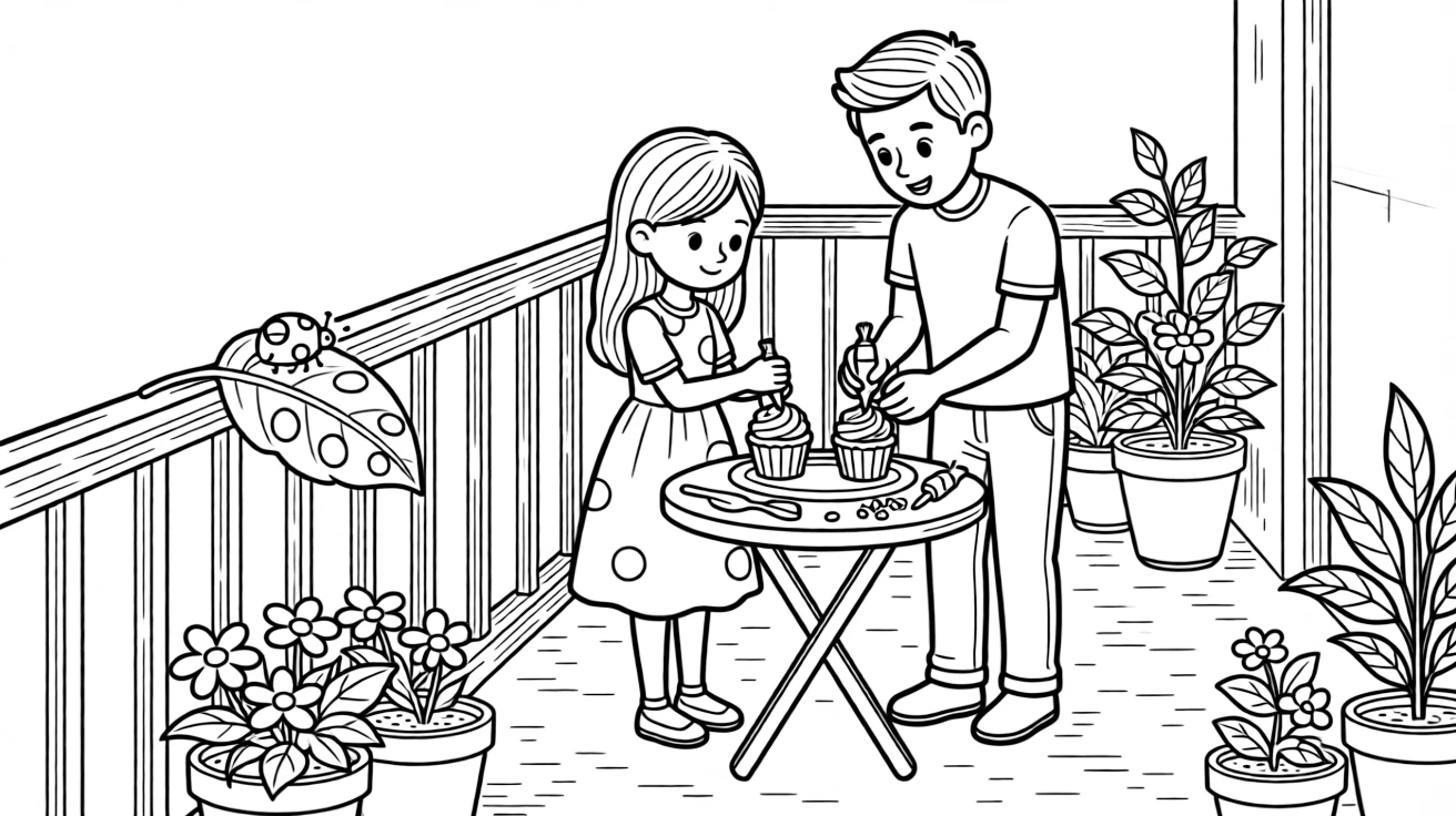 A tall girl decorating cupcakes with a single dad on an apartment balcony as a ladybug crawls on a leaf.