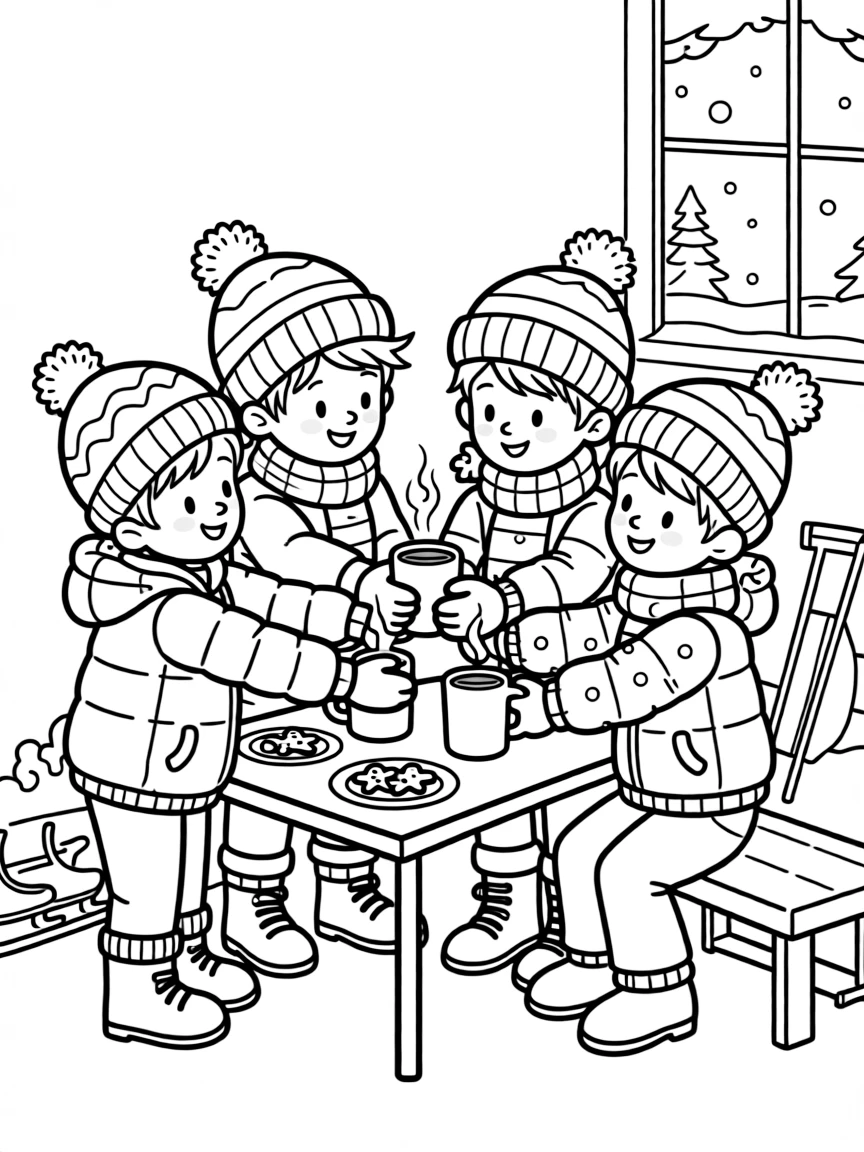 A group of classmates, warming frozen hands with hot cocoa after a fun session on the ice.