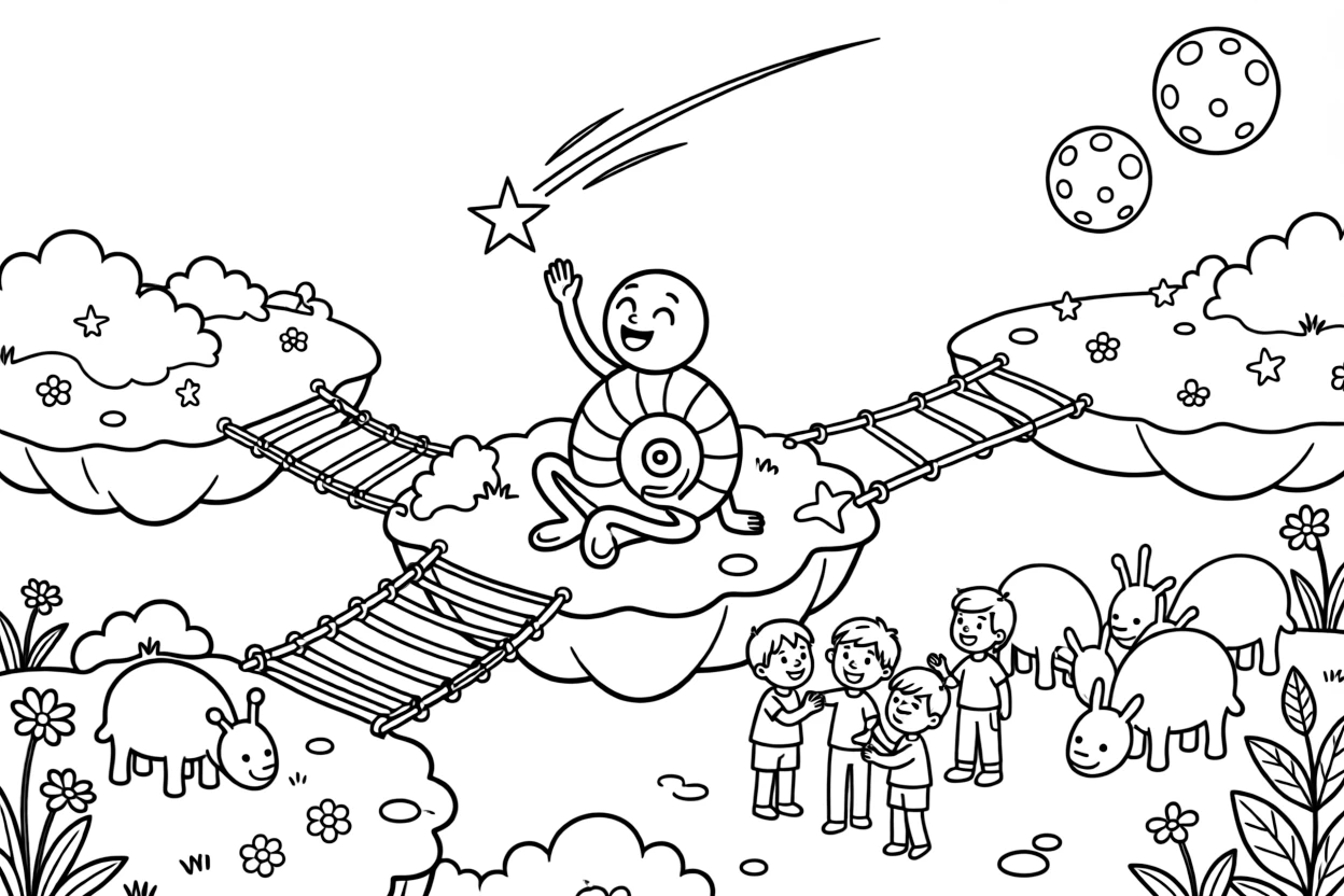 Yela, an alien musician with a spiral shell body spotting a shooting star and making a wish with new friends in a floating island chain connected by glowing rope bridges, as a herd of gentle six-legged alien creatures grazing nearby and a pair of moons rising over the horizon fill the scene.