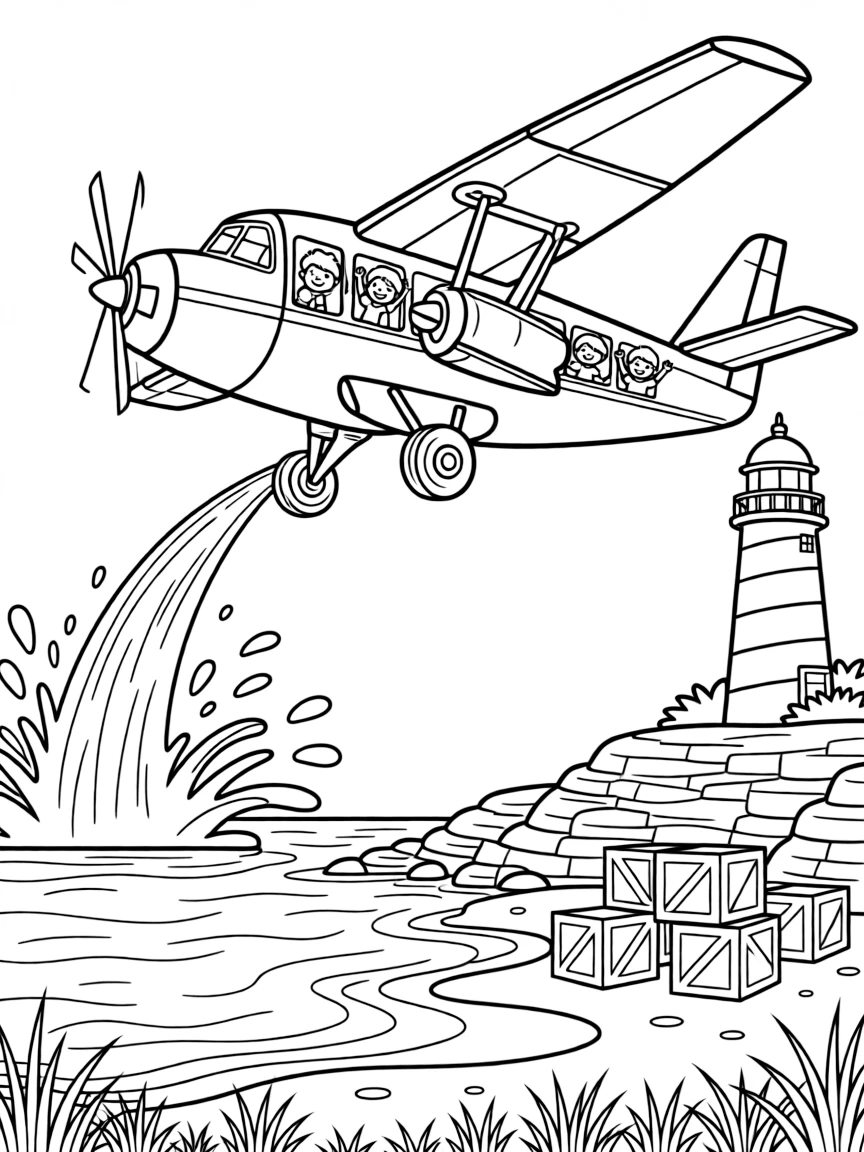 A big, friendly a wildfire fighting plane dropping a splash of water rolls through a rocky coastline with a striped lighthouse on the cliff, with a group of cheerful kids waving from the windows enjoying the ride and stacks of colorful cargo boxes ready to be unloaded adding a playful touch.