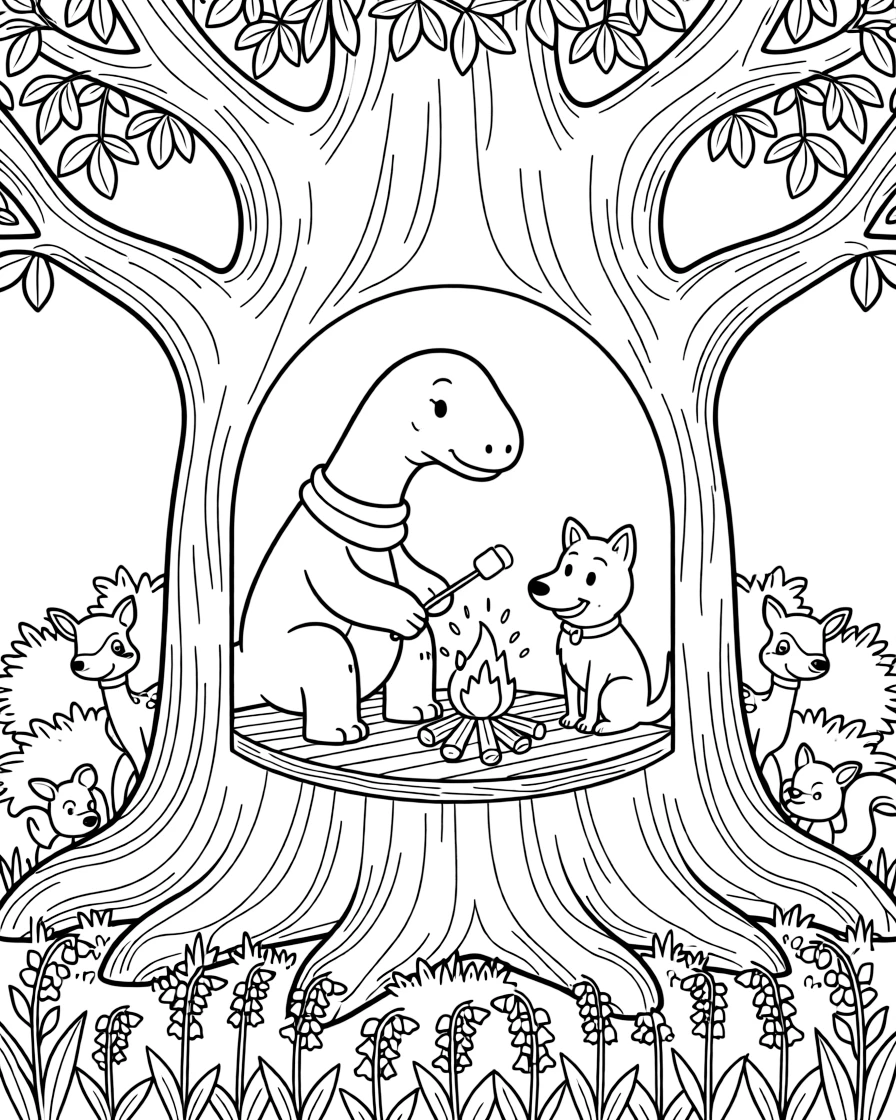 A brachiosaurus in a treehouse among the branches, roasting marshmallows by a campfire with a wolf pup, next to a bluebell woodland, while baby animals peek out from the bushes.
