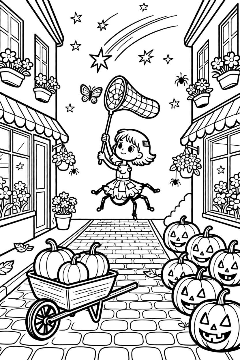 On a cobblestone street lined with flower shops, a plucky spider acrobat is busy fishing for shooting stars with a butterfly net, cheered on by a wheelbarrow full of freshly picked pumpkins and a row of jack-o'-lanterns grinning in the dark. The whole scene bursts with joy and adventure.