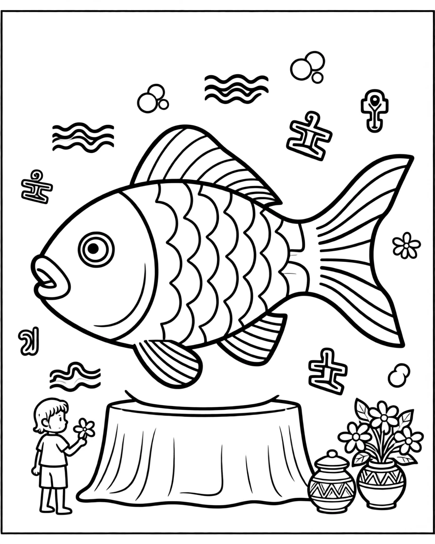 A coloring page highlighting a beloved cultural symbol from Ghana: a fantasy coffin shaped like a fish or cocoa pod for a special ceremony, displayed proudly with small decorative flourishes around it.