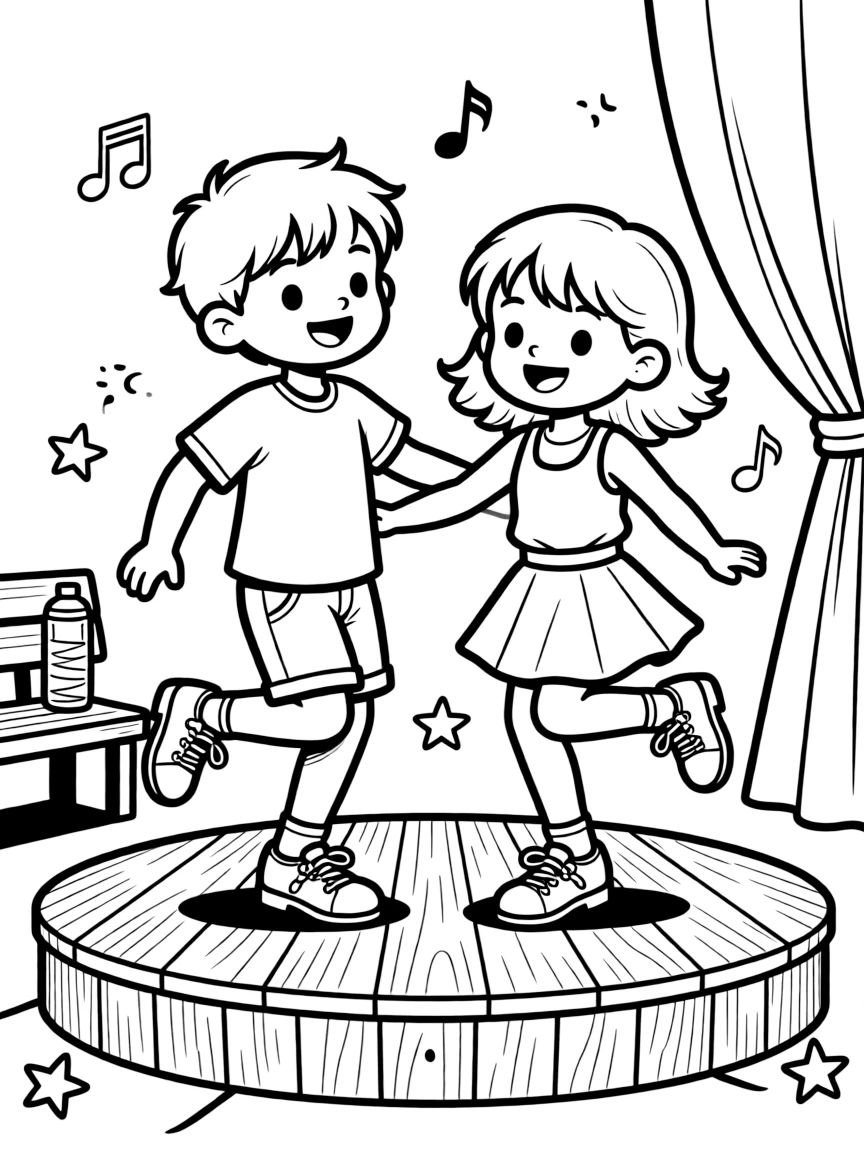 a bright-eyed pair of best friends practices tap dance steps in shiny shoes on a small wooden stage.