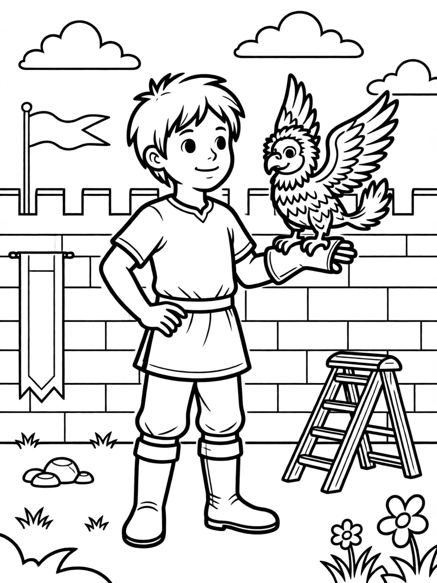 A castle's royal falconer trains a baby griffin instead of a hawk, the creature perched proudly on his gloved arm.