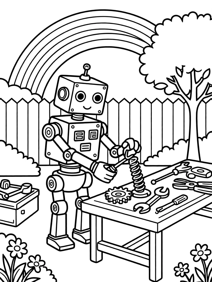 [Imaginative Inventions] a homemade robot built from spare parts tinkering with gears and springs in a cluttered backyard workshop. In the background, tools and gears are scattered across a workbench, adding extra fun to explore. Wires and bolts decorate the contraption. It all happens at sunset, with a rainbow arching overhead.