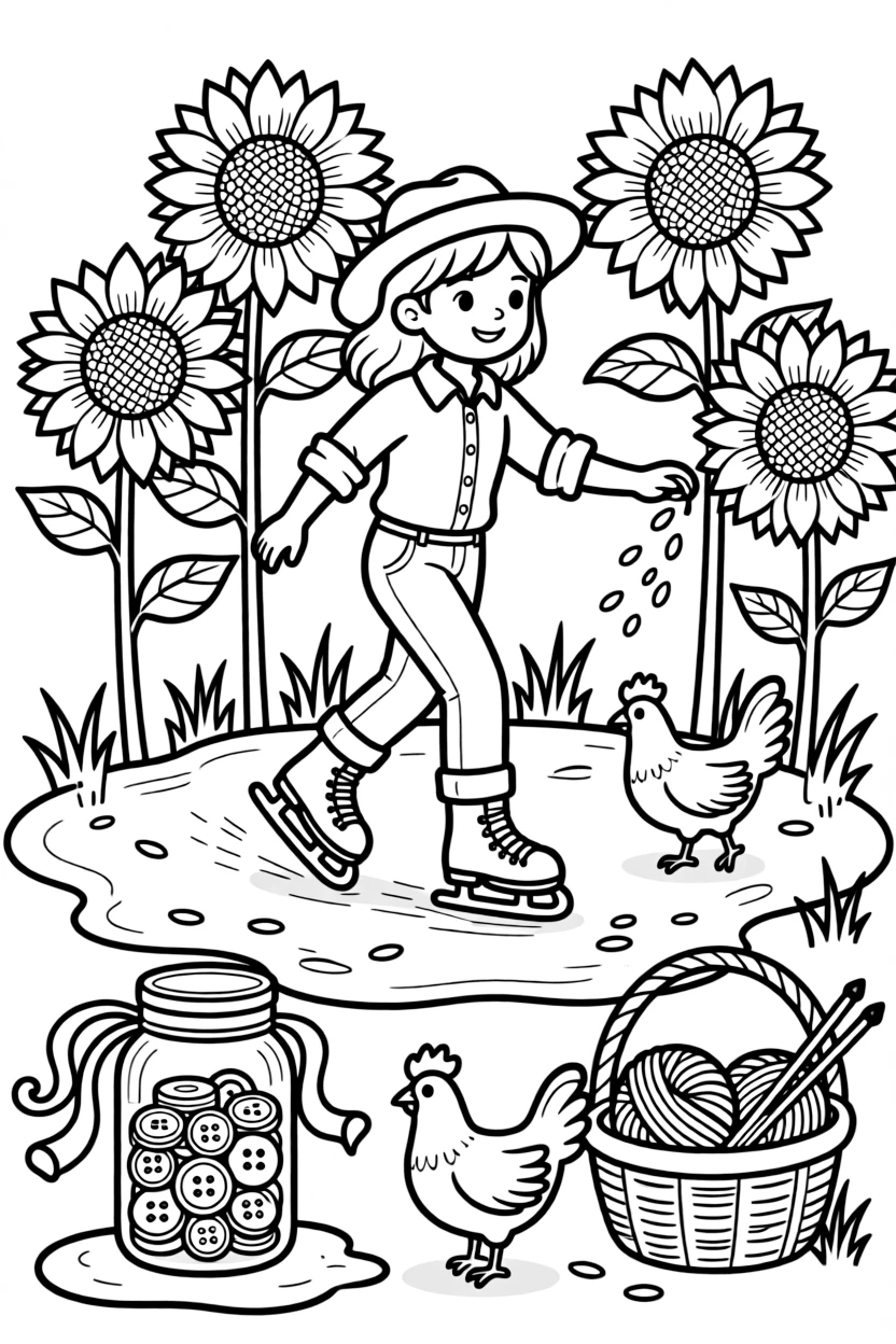 A girl farmer scattering seed for the chickens is skating gracefully across the ice in a sunflower field at golden hour. All around, a jar of colorful buttons and ribbons and a basket of yarn and knitting needles nearby complete the joyful scene.