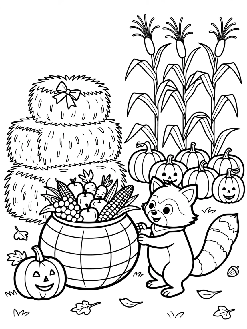 A round raccoon admiring a cornucopia spilling with fruits and vegetables at a rustic harvest fair with hay bales and corn stalks, near a row of carved and uncarved pumpkins and a hay bale decorated with a bow.