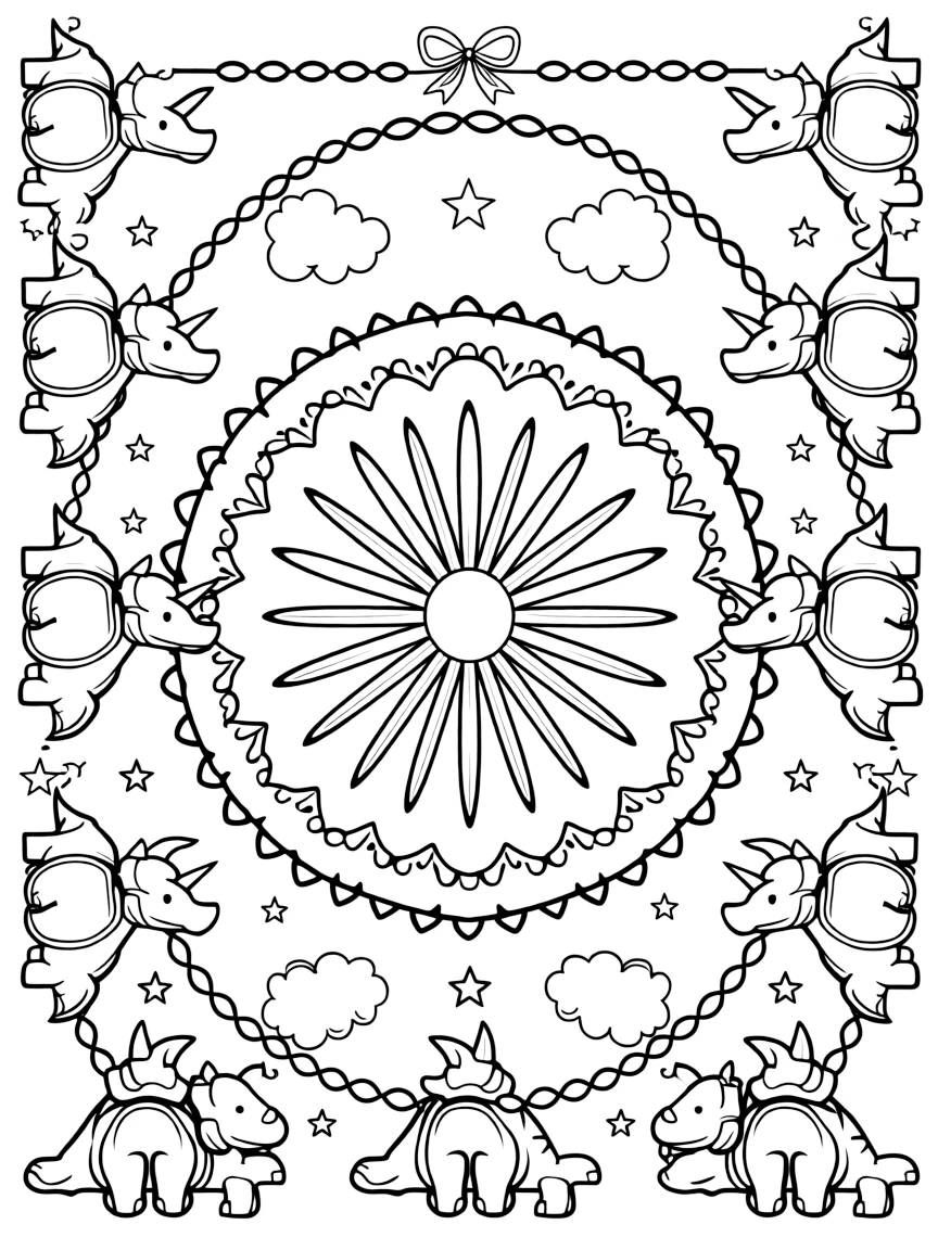 Dinosaurs & Prehistoric: The page centers on a repeating motif of a triceratops with three rounded horns, built around a sunburst mandala with rays spreading evenly outward. The motif is lined up along the top and bottom edges, mirrored by a matching row along the left and right sides. Decorative details fill the surrounding space, including interlocking circle chains, clusters of small five-point stars, and rounded puffy cloud shapes woven throughout the background. A playful extra touch completes the page: a small ribbon bow tied neatly at the top of the design.