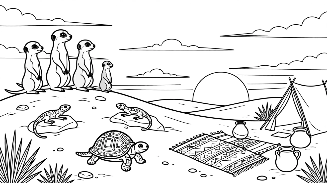 [Desert Dunes] A family of meerkats stands alert atop a sandy dune, watching the horizon together. Lizards bask on sun-warmed rocks while a tortoise slowly makes its way across the sand. A cluster of colorful woven blankets and clay pots sits near a small desert campsite. The sky glows orange and pink as the sun sets behind the rolling dunes.