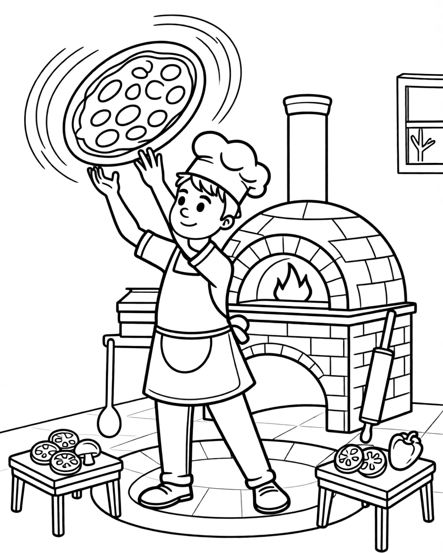 A pizza maker tosses spinning dough high above a wood-fired oven.