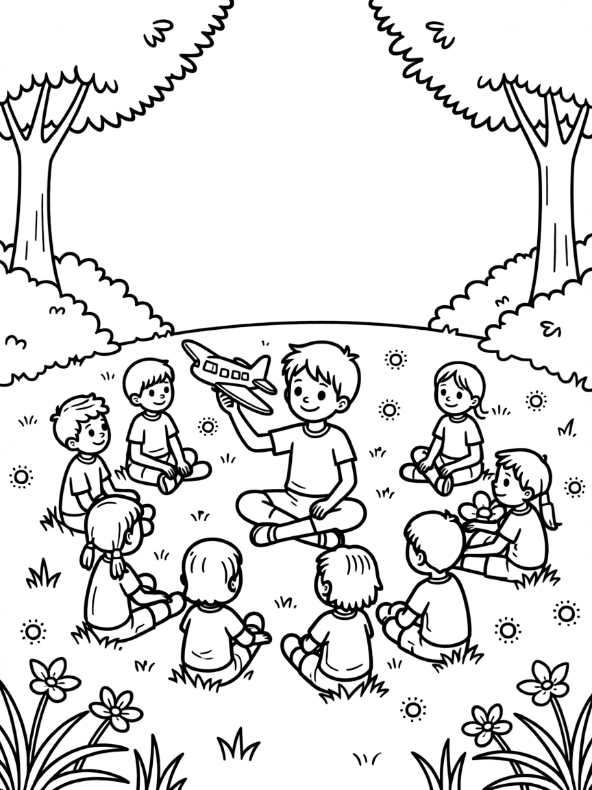 A little boy sharing a favorite toy for show-and-tell at a show-and-tell circle with fireflies glowing at dusk.
