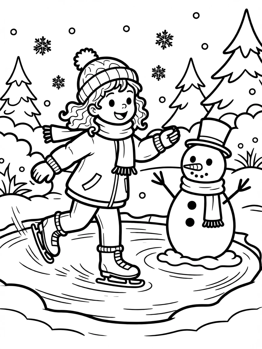 A little girl with curly hair, skating past a snowman built beside the edge of a frozen pond.