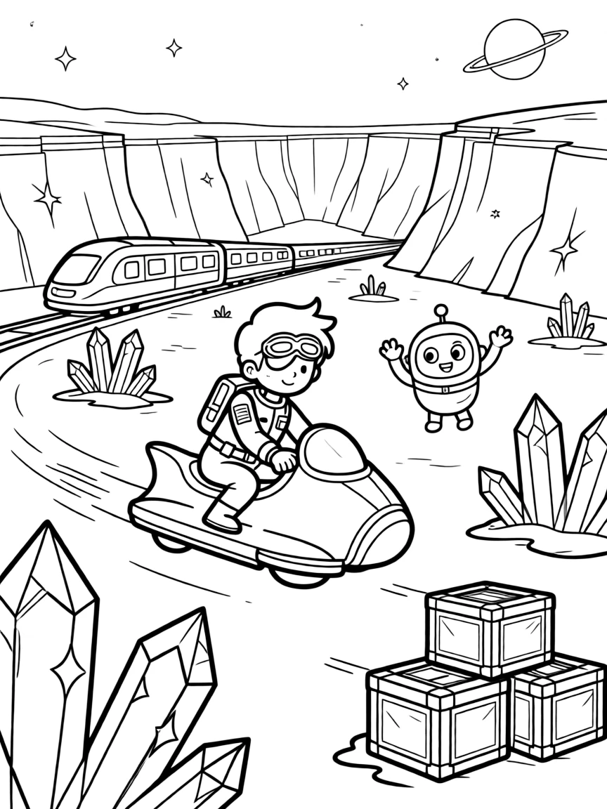 Pilot Zephyr zooming along on a hoverbike racing to catch a runaway hover-train before it reaches the canyon, in a shimmering ice planet dotted with crystal spires, with a small robot sidekick cheering and a stack of colorful supply crates nearby.
