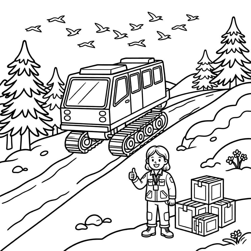A coloring page featuring a mountain rescue snowcat climbing a snowy ridge, traveling through a snowy mountain pass with pine trees dusted in white, with a smiling paramedic giving a thumbs up and stacks of colorful cargo boxes ready to be unloaded and a flock of birds flying alongside in formation filling the scene.
