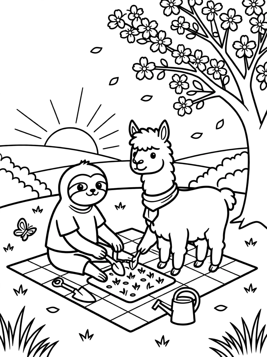 A sloth at a picnic in the park, planting seeds together with an alpaca, next to a blooming cherry blossom tree, as the sun sets in soft colors.