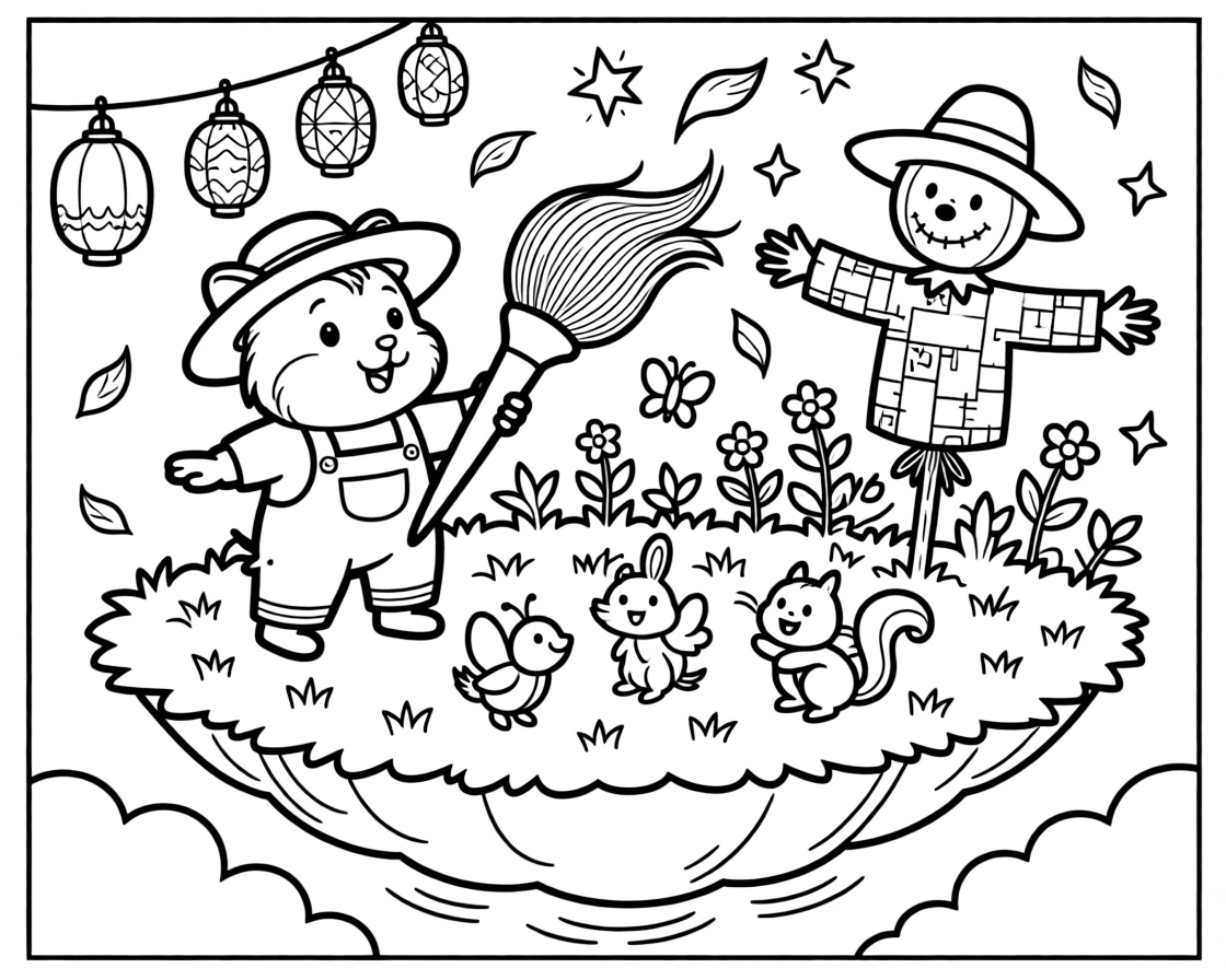 On a floating island drifting through the sky, a twinkly guinea pig gardener is busy painting the sky with a giant paintbrush, cheered on by a string of lanterns swaying gently overhead and a cheerful scarecrow waving from the field. Every creature nearby wants to join in the fun.