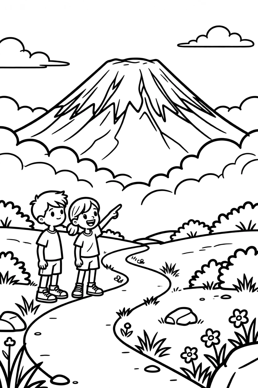 A coloring page set in Tanzania, showing the snowy peak of Mount Kilimanjaro rising above the clouds, with a winding path leading toward it and a couple of curious children pointing excitedly.
