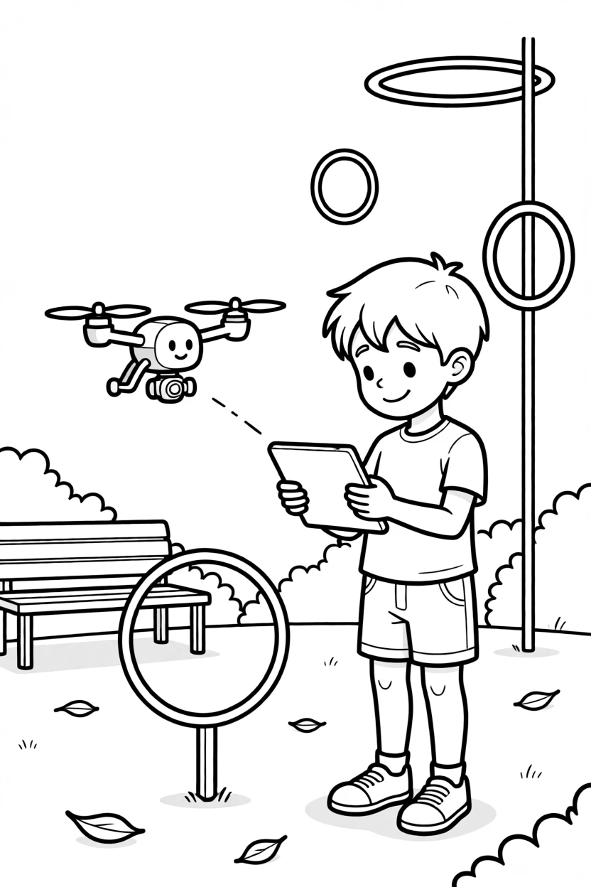 a shy little boy guides a small drone through hoops in the schoolyard using a tablet.