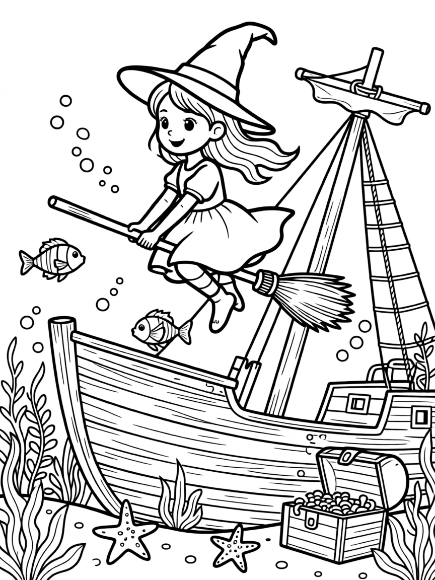 A young witch discovers her broom can also fly underwater, bubbles trailing behind her as she explores a sunken shipwreck.