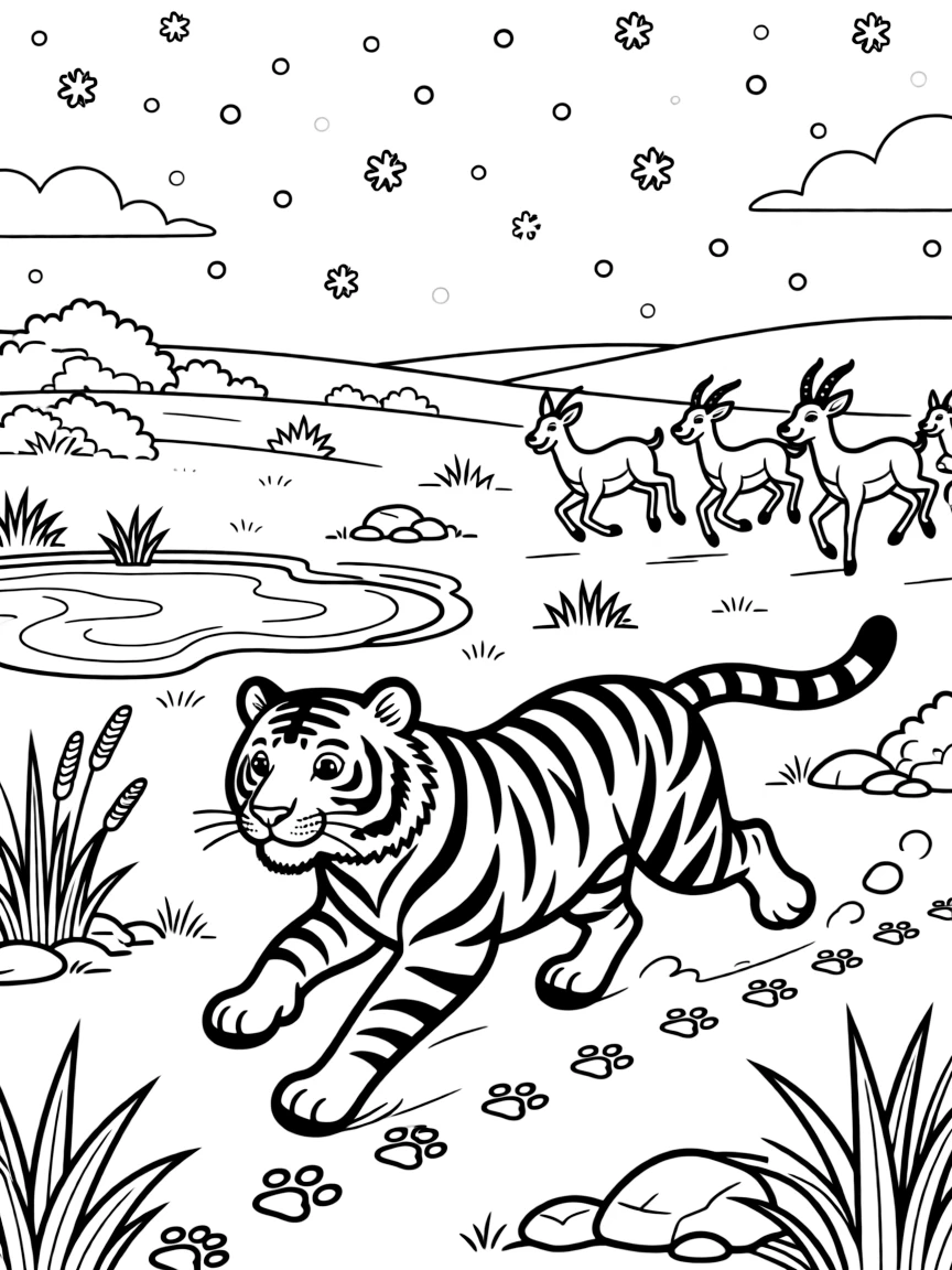 [Wild Animals] a striped tiger running across an open savanna near a watering hole at dusk. In the background, a herd of gazelles bounds across the plain, adding extra fun to explore. Paw prints trail off across the dusty ground. It all happens during a bright summer day, with snow gently falling.