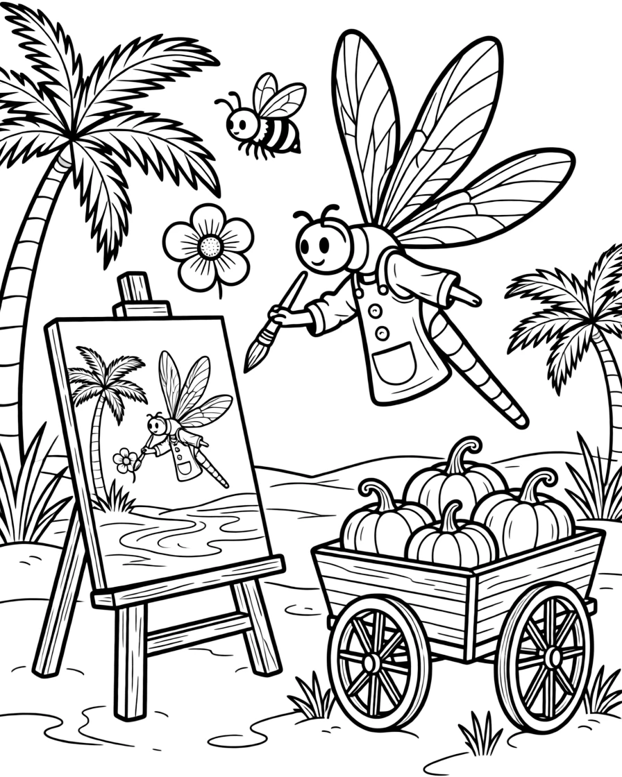 A shimmering dragonfly is painting a picture on a wooden easel at a desert oasis ringed with palm trees. Scattered nearby, a curious bumblebee buzzing among the blooms and a wagon piled high with pumpkins complete the joyful scene.